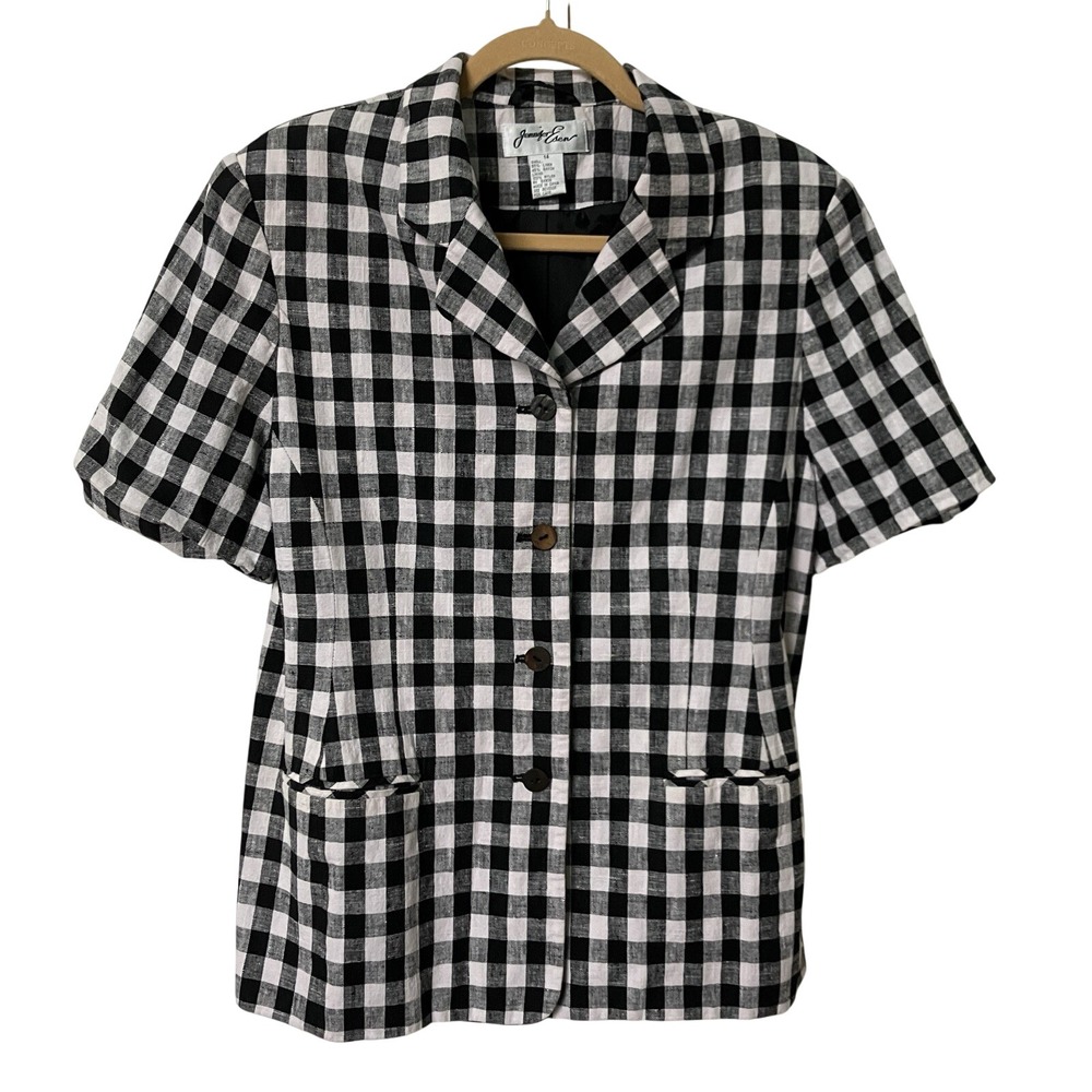 Vintage Jennifer Eden Blazer Top Womens 14 Linen Blend Gingham Black White Shirt